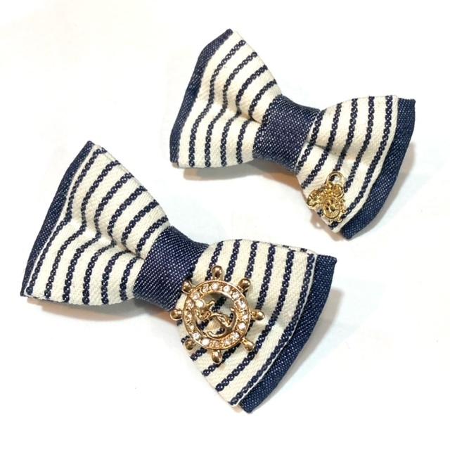 バレッタ 犬 おしゃれ かわいい 小型犬 中型犬 ヒッコリー リボンバレッタ チャーム付き 日本製 デニム＆デニム denim&denim ミントタン minttan |  | 03