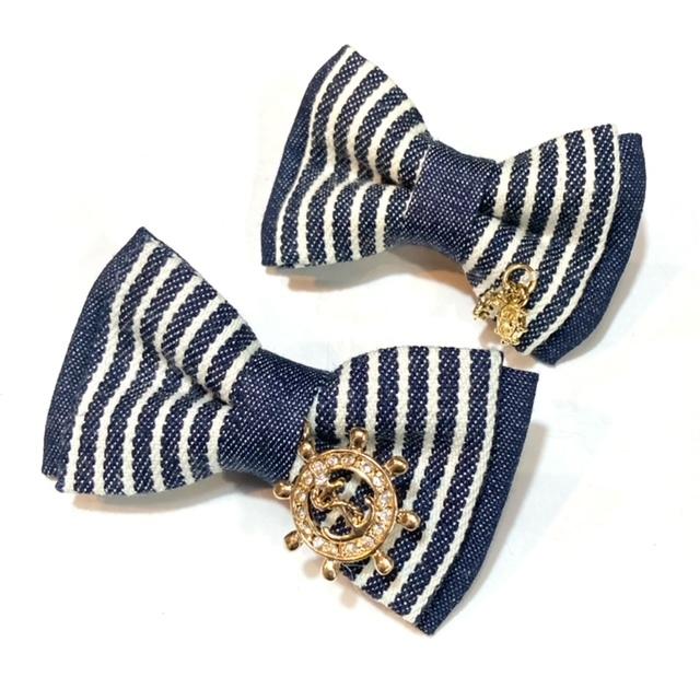 バレッタ 犬 おしゃれ かわいい 小型犬 中型犬 ヒッコリー リボンバレッタ チャーム付き 日本製 デニム＆デニム denim&denim ミントタン minttan |  | 04