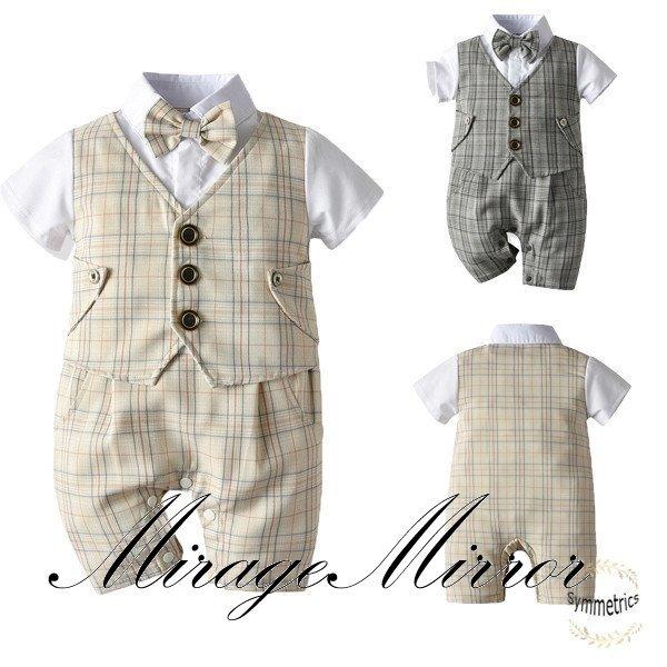 ベビータキシード 普段着用 新生児 幼児 プレゼント 連体服 カバーオール ロンパース 保育園 半袖 セレモニースーツセット スピード対応 全国送料無料 礼装 グレー チェック柄 正装 記念品