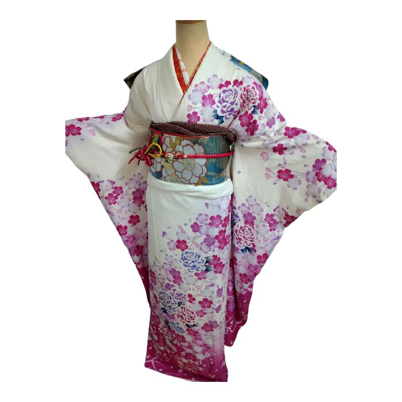 振袖 白色 着物 中古 セット 帯 帯揚げ 帯締め 正絹 フルセット 成人式 