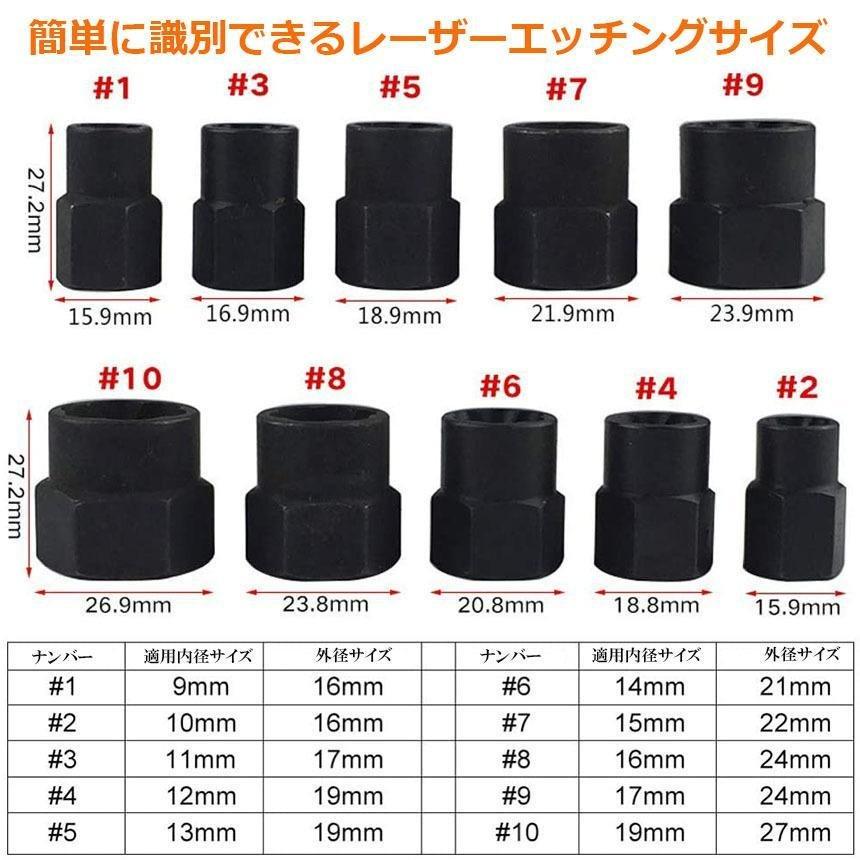 ナットツイスター ツイストソケット ボルトナット ツイスターソケット エキストラクターセット9 19mm 10点セット なめたナット なめたボルト 車 送料無料｜mirai22｜04