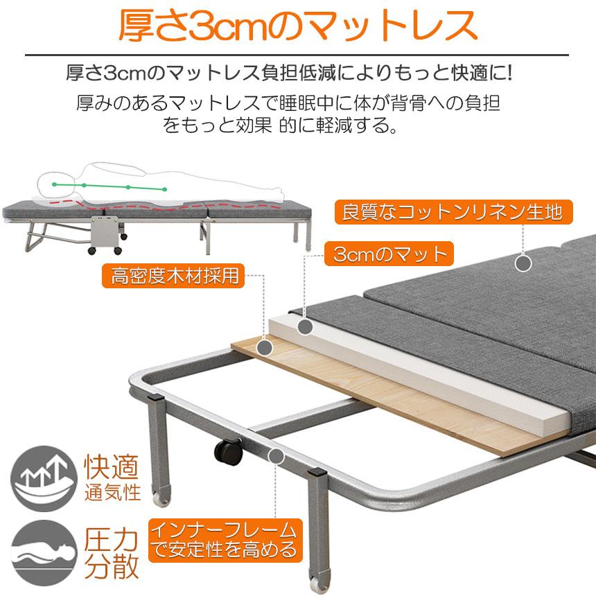 おりたたみベッド シングル コンパクト S 軽量 三折り 簡易ベッド 室内 折り畳み ベッド 組立簡単 キャスター 介護ベッド プレゼント 小型 持ち｜mirai22｜06