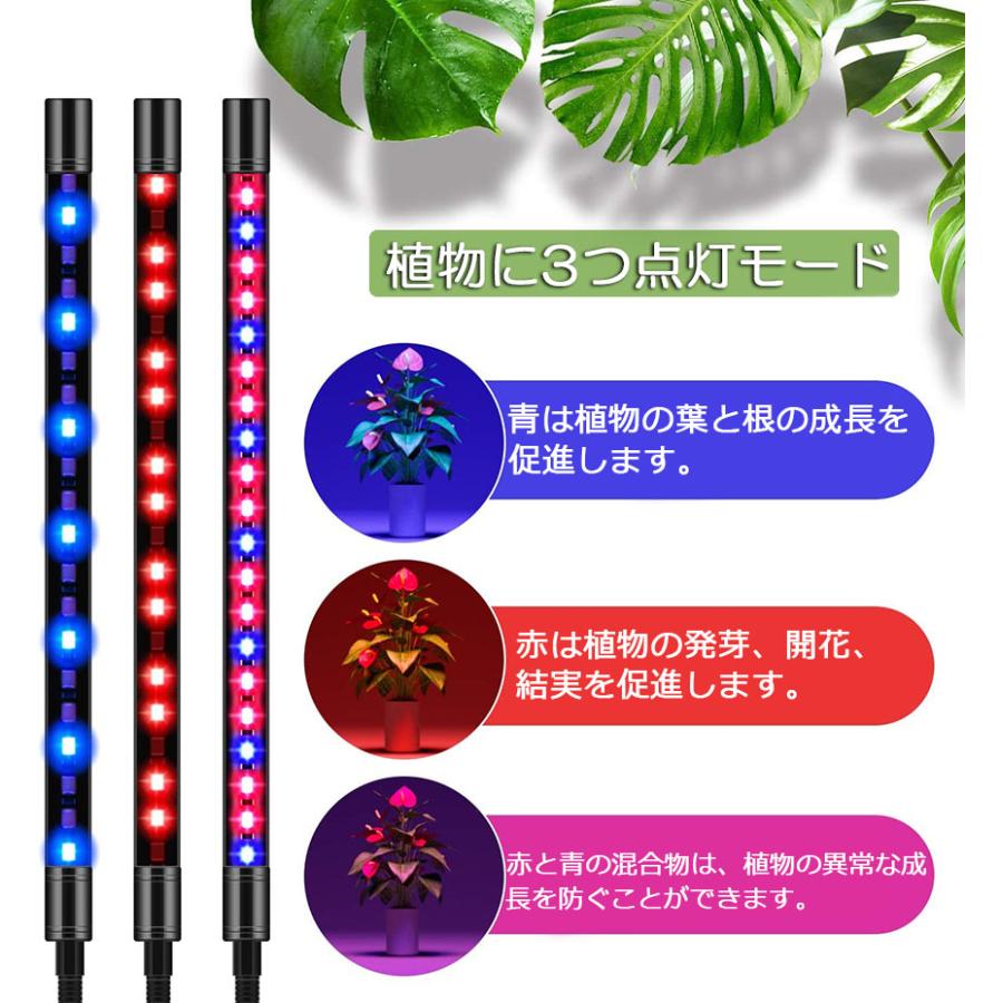 植物育成ライト LED植物育成灯 室内栽培ランプ 3つ照明モード 9段階調光 観葉植物 3ヘッド式ライト 5v  自動ON/OFF 室内/水耕栽｜mirai22｜03