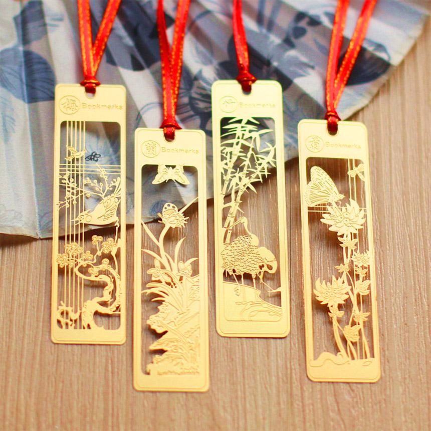 爆買 しおり ブックマーカー 4枚セット 栞 四君子 梅 蘭 竹 菊 透かし