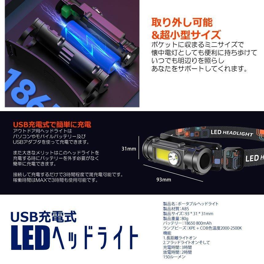 ヘッドライト 作業灯 充電式 LEDヘッドライト LED ヘッドランプ COB作業灯 磁気付き USB充電式 軽量 防水 照射角度180調節 夜釣り 停電 キャンプ 送料無料｜mirainet｜07