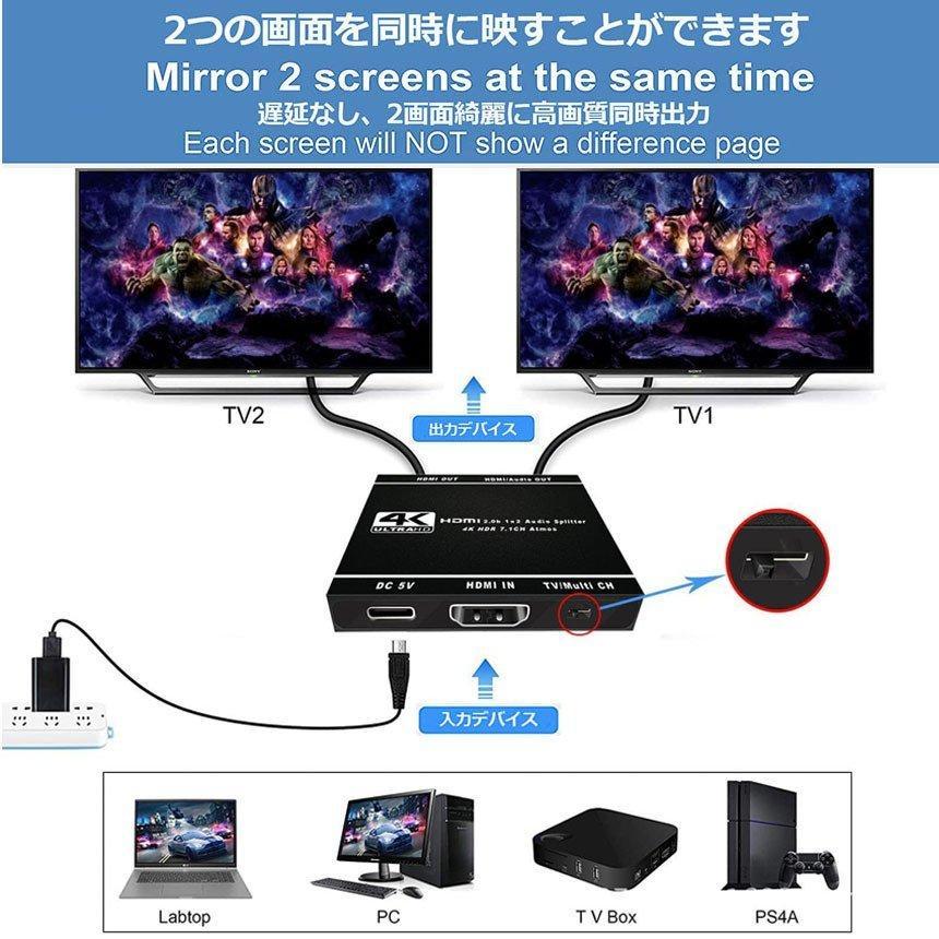 HDMI スプリッター 分配器 1x2 4K 60Hz デュアルモニター用 HDR Dolby