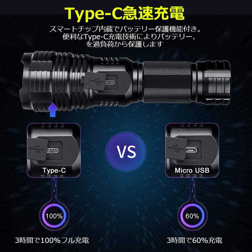 懐中電灯 XHP70 強力 防水 3個セット USB充電式 電池式 LCD残量表示
