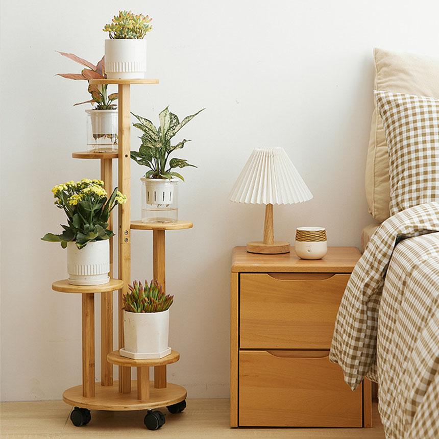 フラワースタンド 竹素材 キャスター付き 5段 2カラー 鉢置き台 園芸