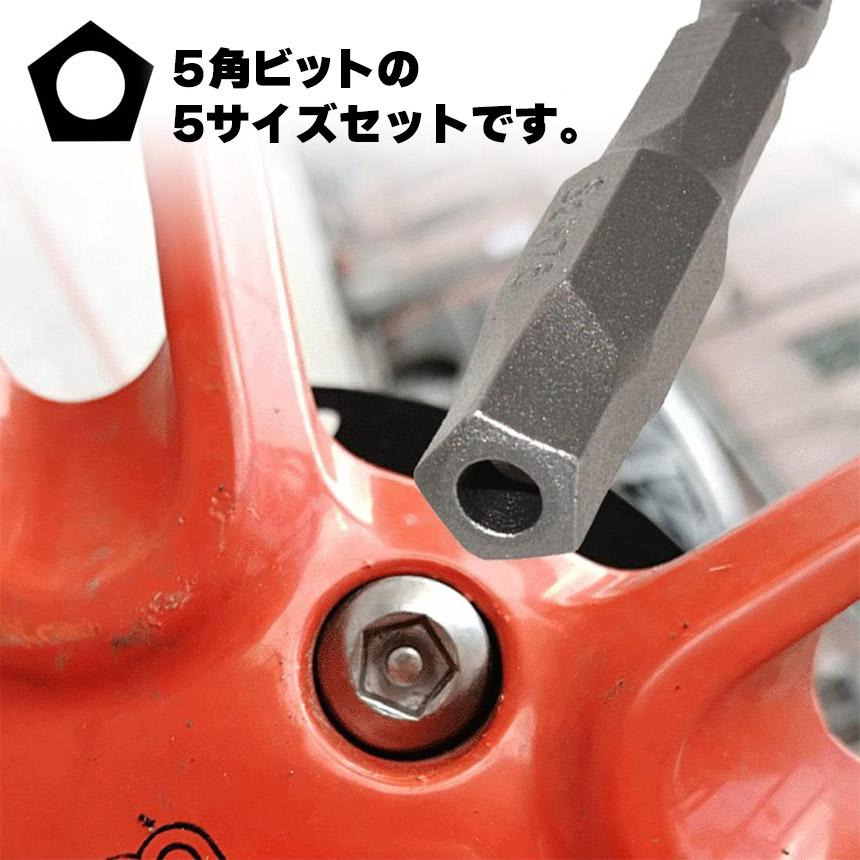 五角軸 ドライバービット 5ピース 6.35mm 5サイズセット 磁気 五角形