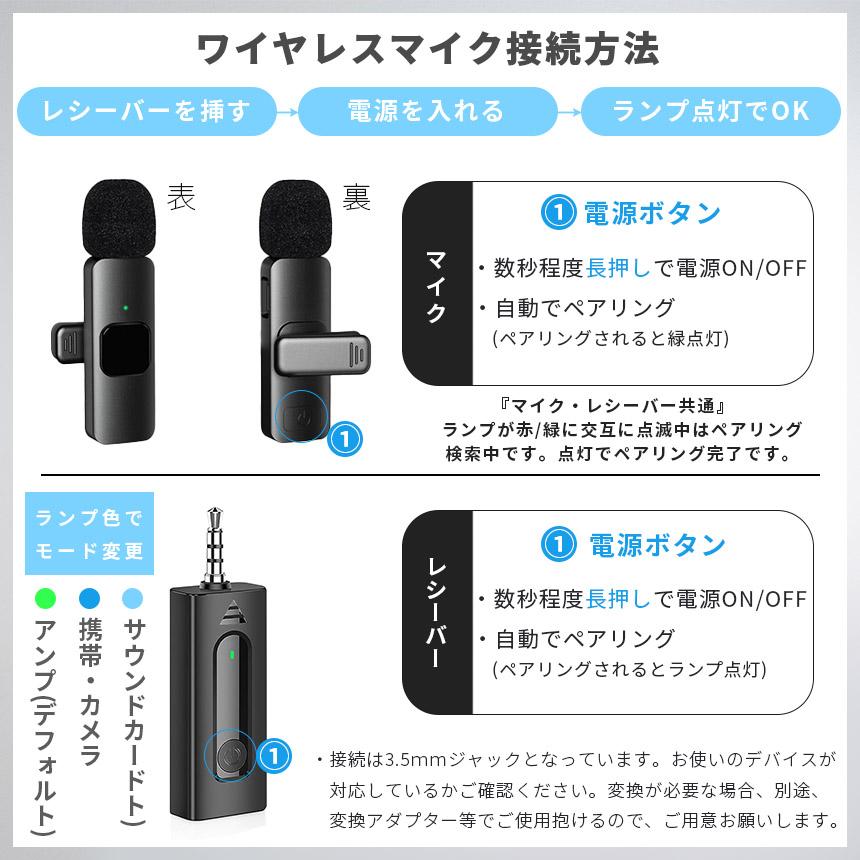 ワイヤレスマイク ピンマイク 3個セット 3.5mm端子 マイク2個 AUX 簡単