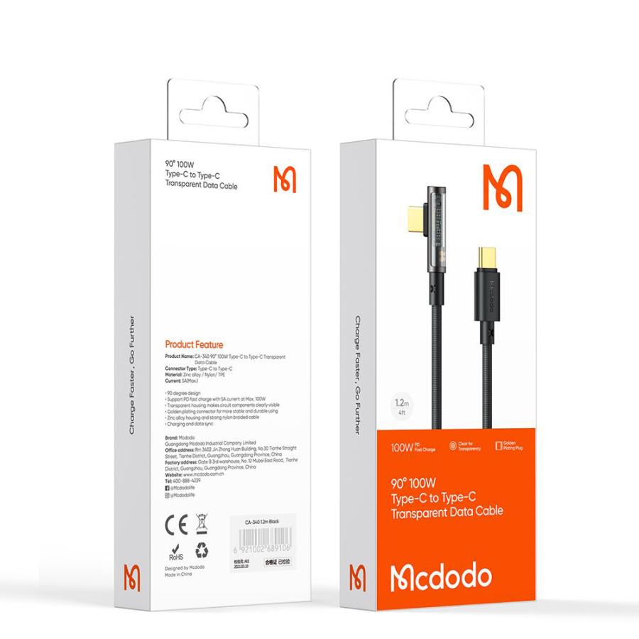 Mcdodo 100W Type-C to Type-C L字型 ケーブル USB PD 急速充電 データ同期 タイプC 透明コネクタ ナイロン編み アルミ合金 1.2m｜miraizakka｜13