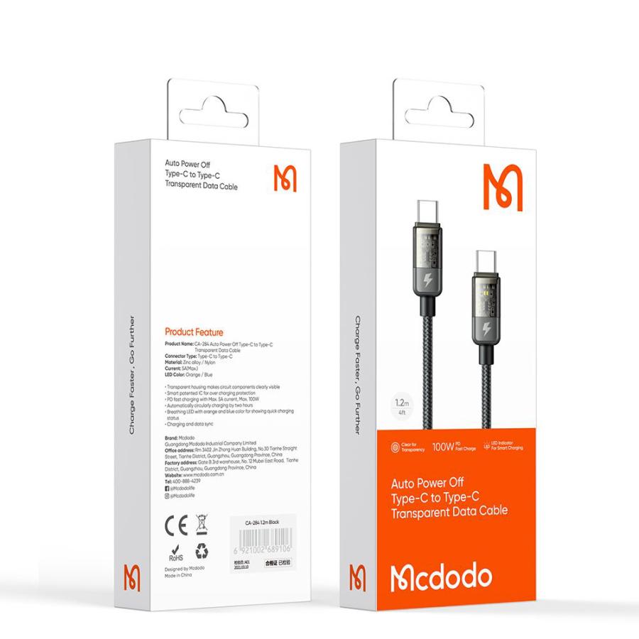 Mcdodo 5A 100W Type-C to Type-C 自動電源オフ ケーブル USB PD 急速充電 データ同期 タイプC 透明コネクタ LEDインジケーター ナイロン編み 1.8m｜miraizakka｜13