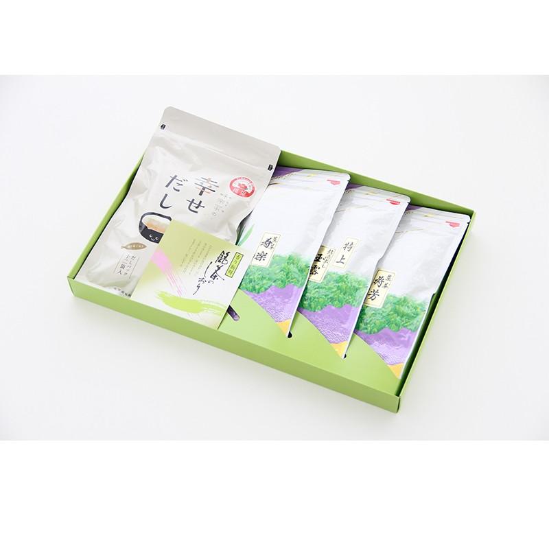 贈答用　お茶ギフト　味楽家の幸せだしと3種類のお茶セット　寿楽　特上熱湯出し玉露　寿芳 |  | 05