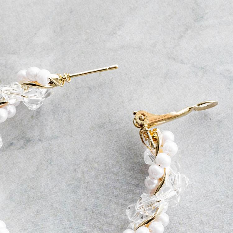 手作り風】パール×クリアビーズ ワイヤーフープピアス（1ペア） 上品