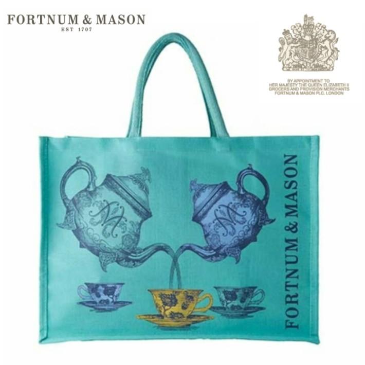 フォートナム＆メイソン ティーポット柄バッグ ジュート ロングハンドル トートバッグ（底板があって丈夫）Fortnum & Mason 日本未発売 | 