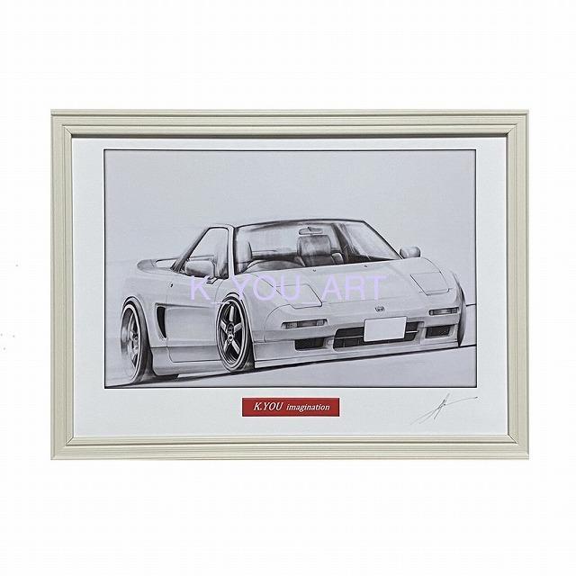 ホンダ HONDA NSX【鉛筆画】名車 旧車 イラスト A4サイズ 額付き サイン入り｜mirror-man-ys