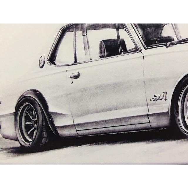 日産 NISSAN スカイライン （ハコスカ） GTR 2ドア【鉛筆画】名車 旧車 イラスト A4サイズ 額付き サイン入り｜mirror-man-ys｜03