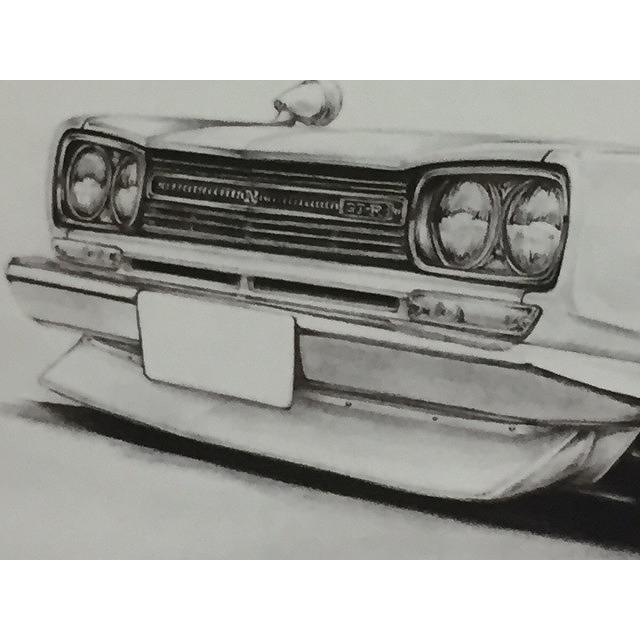 日産 NISSAN スカイライン ハコスカ GTR 4ドア 前期 フロント【鉛筆画】名車 旧車 イラスト A4サイズ 額付き サイン入り｜mirror-man-ys｜02