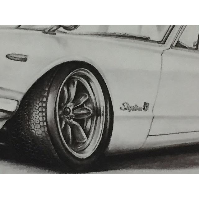 日産 NISSAN スカイライン ハコスカ GTR 4ドア 前期 フロント【鉛筆画】名車 旧車 イラスト A4サイズ 額付き サイン入り｜mirror-man-ys｜03