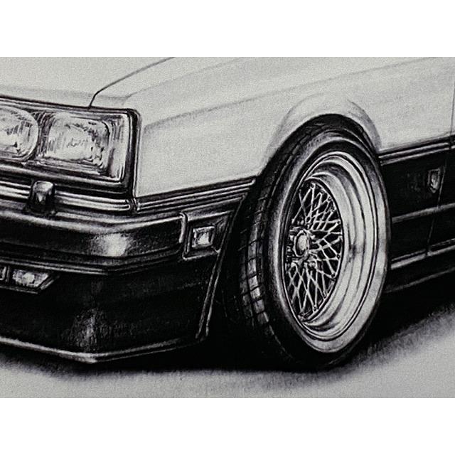 日産 NISSAN スカイライン R30 RS TURBO 2ドア フロント 【鉛筆画】名車 旧車 イラスト A4サイズ 額付き サイン入り｜mirror-man-ys｜03