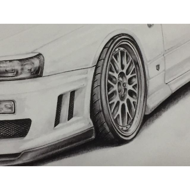 日産 NISSAN  スカイライン R34 25GT クーペ【鉛筆画】名車 旧車 イラスト A4サイズ 額付き サイン入り｜mirror-man-ys｜03