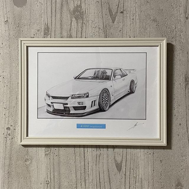 日産 NISSAN  スカイライン R34 25GT クーペ【鉛筆画】名車 旧車 イラスト A4サイズ 額付き サイン入り｜mirror-man-ys｜07