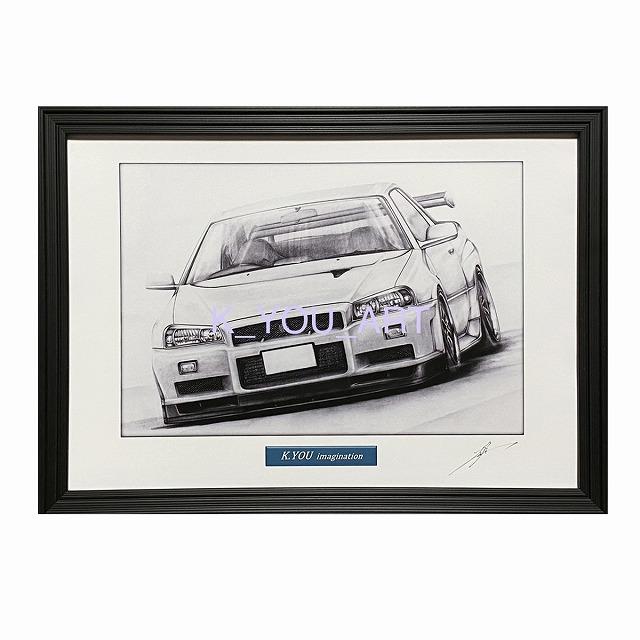 日産 NISSAN  スカイライン R34 GTR【鉛筆画】名車 旧車 イラスト A4サイズ 額付き サイン入り｜mirror-man-ys