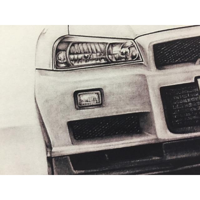 日産 NISSAN  スカイライン R34 GTR【鉛筆画】名車 旧車 イラスト A4サイズ 額付き サイン入り｜mirror-man-ys｜02