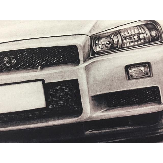 日産 NISSAN  スカイライン R34 GTR【鉛筆画】名車 旧車 イラスト A4サイズ 額付き サイン入り｜mirror-man-ys｜03