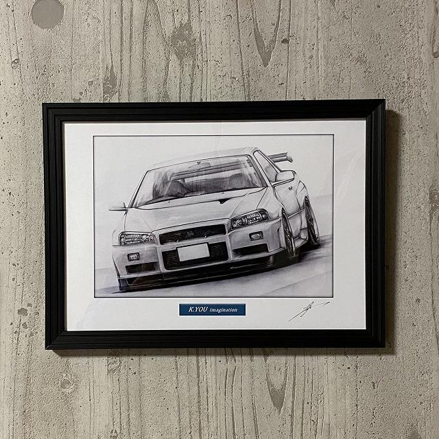 日産 NISSAN  スカイライン R34 GTR【鉛筆画】名車 旧車 イラスト A4サイズ 額付き サイン入り｜mirror-man-ys｜06