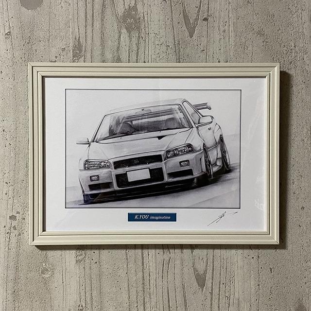 日産 NISSAN  スカイライン R34 GTR【鉛筆画】名車 旧車 イラスト A4サイズ 額付き サイン入り｜mirror-man-ys｜07