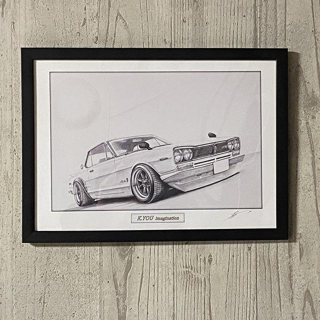 鉛筆画 日産 スカイライン ハコスカ GTR 2ドア カスタム【鉛筆画】名車