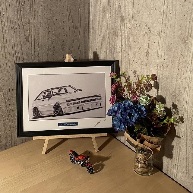 トヨタ TOYOTA 86トレノ【鉛筆画】名車 旧車 イラスト A4サイズ 額付き