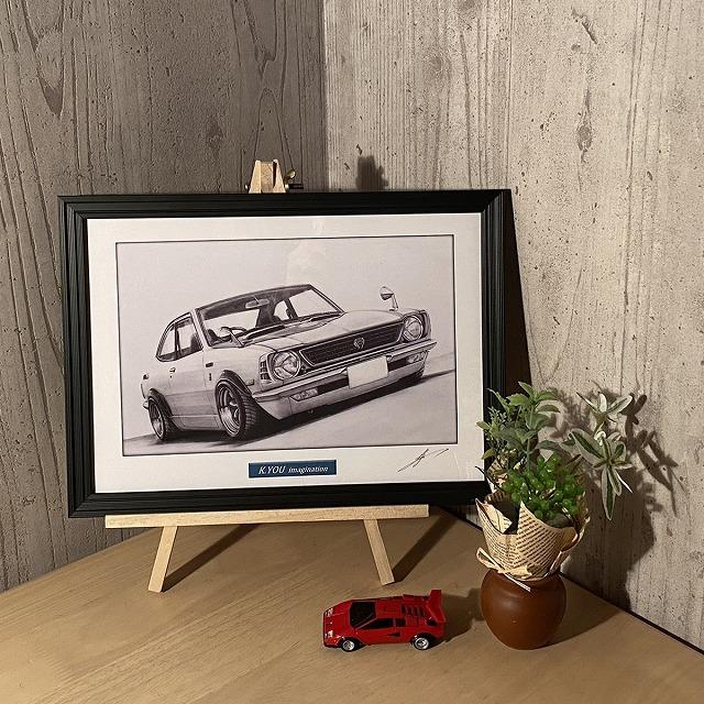 トヨタ TOYOTA 27レビン【鉛筆画】名車 旧車 イラスト A4サイズ 額付き