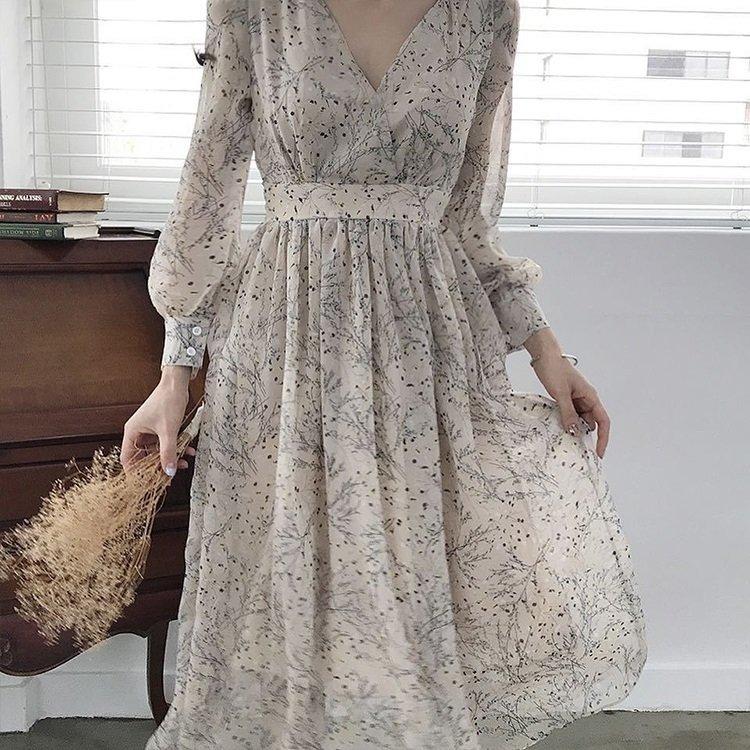 ワンピース シフォンワンピース レディース 春秋 オシャレ ロング丈ワンピース 長袖 花柄ワンピース パーティー 二次会 発表会 ゆったり きれいめ Vネック Lvnvnb6vvi レディースファッション Valleymill Com