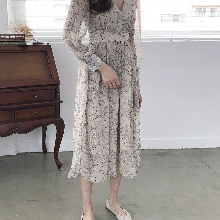 ワンピース シフォンワンピース レディース 春秋 オシャレ ロング丈ワンピース 長袖 花柄ワンピース パーティー 二次会 発表会 ゆったり きれいめ Vネック Lvnvnb6vvi レディースファッション Valleymill Com