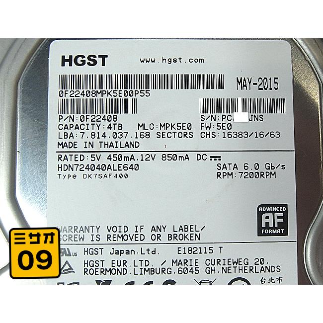 HGST ☆【中古】HGST・HITACHI・4TB 3.5インチ内蔵HDD SATA 7200rpm