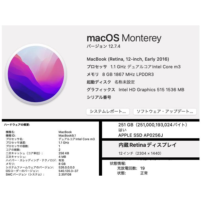MacBook 2016 Core m3 8GB 256GB 美品 MacBook 12インチ[2016年/SSD 256GB/メモリ 8GB/1.1GHzデュアルコア
