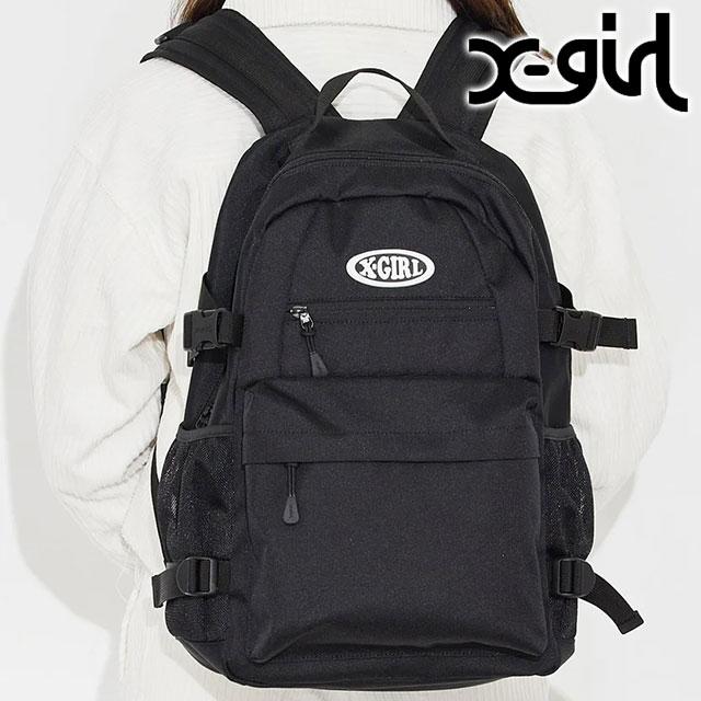 x-girl ロゴ入り ブラックバックパック OVAL LOGO BUNGEE CORD BACKPACK（バックパック/リュック）｜X