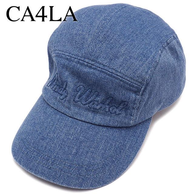 【カシラ】CA4LA 刺繍ロゴ リネン デニム キャップ ユーズド加工 紺×赤 CA4LA カシラ アンディ・ウォーホル ロゴ デニムキャップ