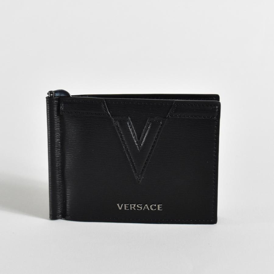 ヴェルサーチ 財布 メンズ 本革 マネークリップ ブラック ブランド VERSACE VIRTUS ロゴ DPU5978 カーフスキンレザー