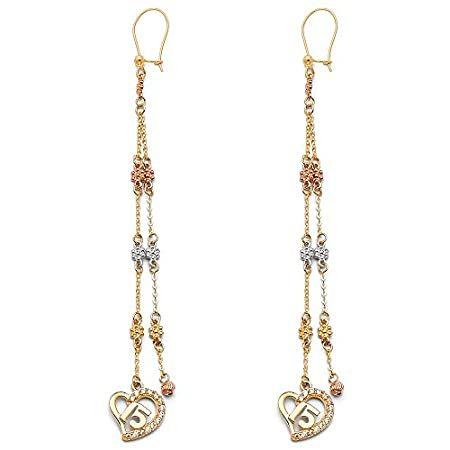 安価 ワタナベ 特別価格14k Tri Color Gold Fancy 15 Quinceañera & Heart Dangle Earrings (12 x 80mm)好評販売中 ピアス