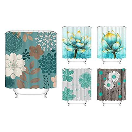 特別価格RnnJoile Teal Flower Shower Curtain Waterproof Fabric |Bundle| Bright Bathr好評販売中 シャワーカーテン