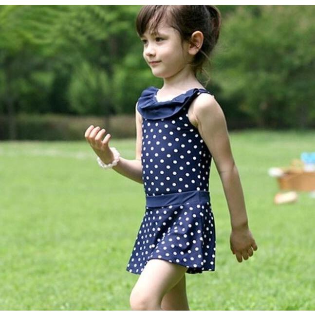 子供水着 キッズ水着 女の子 ワンピース型 水玉柄 ネイビー スイミング 幼稚園 スイムウェア 保育園 ドット 海外 フリル