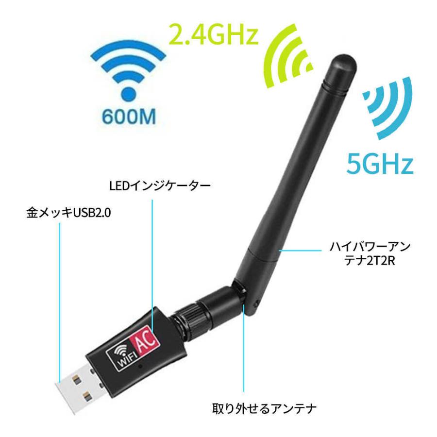 無線LAN アダプター 子機 USB 高速無線 外部アンテナ ac600 11ac 小型 アンテナ 高速 WiFi デュアルバンド｜misoravarietystore｜02