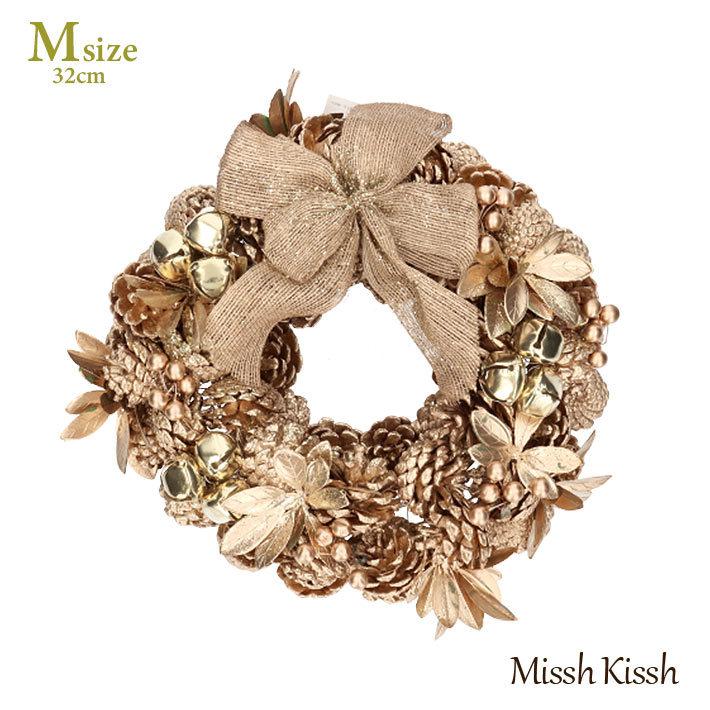 クリスマスリース 32cm まつぼっくり リボン ゴールド リーブス Mサイズ Ribbon Wreath Gold Leaves M 優良配送 45sk 002 コサージュ ミッシュキッシュ 通販 Yahoo ショッピング