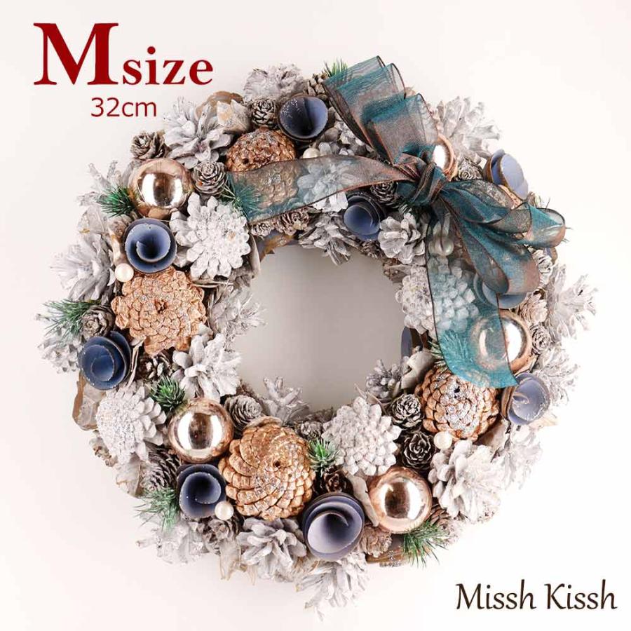 クリスマスリース 32cm リボン まつぼっくり Mサイズ Champagne