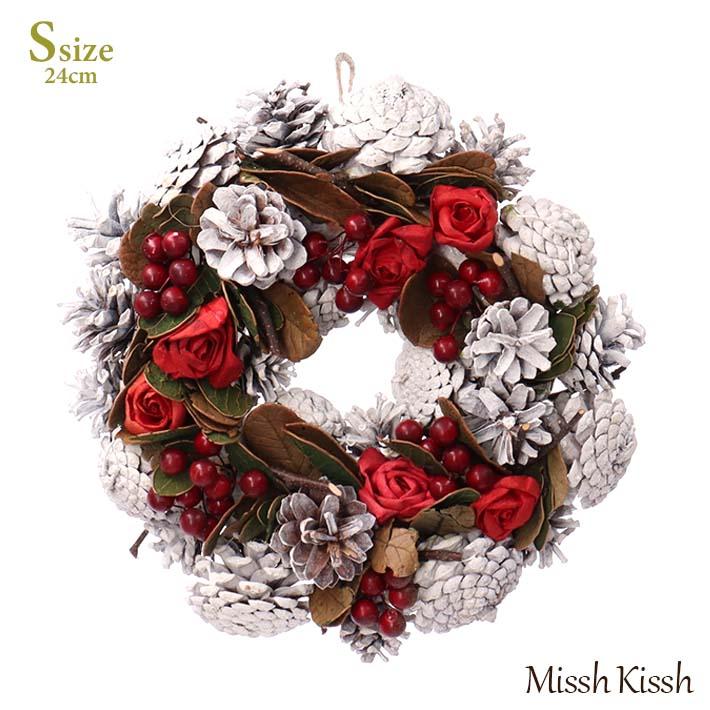 リース 松ぼっくり 花 クリスマス Sサイズ Christmas Xmas White Pinecone &amp; Red Flower Wreath S 爆買（Yahoo!・コサージュ ミッシュキッシュ）