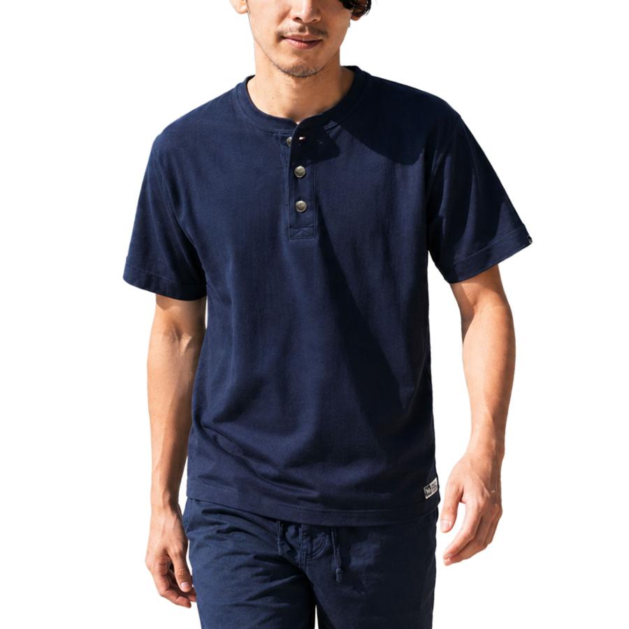 ターコイズ風コンチョボタン 半袖シャツ ブラック ヘンリーネック Tシャツ 半袖 コンチョボタン ワイルド 厚手 メンズ