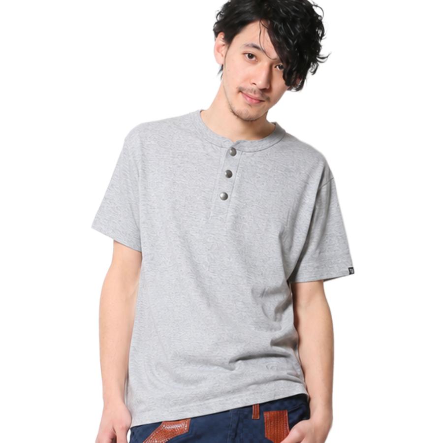 ヘンリーネック Tシャツ 半袖 コンチョボタン ワイルド 厚手 メンズ